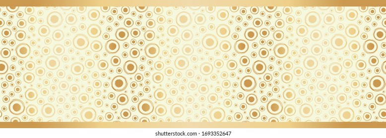 Gold foil circles seamless vector pattern border. Modern stylish dots metallic banner. Champagne bubble all over print for luxury ribbon, edge trim, celebration, Golden Wedding anniversary concept