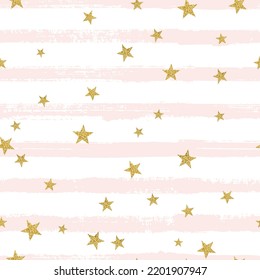 Gold foil confetti stars on pink stripes Valentine's Day seamless pattern. Gold stars on lines vector background. Golden foil star confetti. Pink and white stripes. Girlish glitter design decoration.