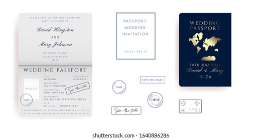 Gold Foil Destination Wedding Passport Invitation Vector Set.Boarding Pass ticket template.Modern luxury design.