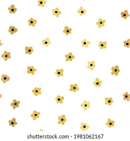 Gold foil ditsy flowers seamless vector background white. Floral repeating pattern small flowers. Elegant metallic golden Ditsy print. Seamless texture Surface pattern design .