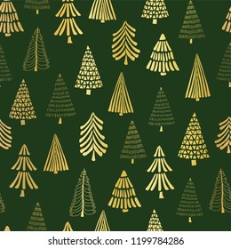 Gold foil doodle Christmas trees seamless vector pattern backdrop. Metallic shiny golden trees on green background. Elegant design for Christmas, New Year, gift wrap, party invitation, card, pagefill