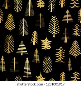 Gold foil doodle Christmas trees seamless vector pattern backdrop. Metallic shiny golden trees on black background. Elegant design for Christmas, New Year, gift wrap, party invitation, card, pagefill