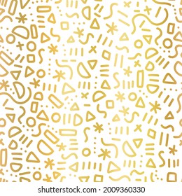 Gold foil doodle pattern seamless vector repeat. Metallic golden cute simple Memphis style repeating background with hand drawn elements. Elegant line art backdrop for wallpaper, wrapping, packaging.