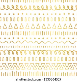 Gold foil doodles seamless vector pattern. Ethnic and tribal motifs. Hand drawn metallic doodle strokes, lines, triangles repeating background. For party invitation, birthday card, wedding celebration