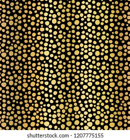 Gold foil dots seamless vector pattern background. Shiny metallic golden irregular circle shapes on black backdrop. Elegant design for digital paper, web banners, gift wrap, card, invitation, New Year