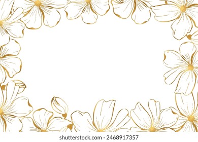 A gold foil drawing of a poppies flower wreath with a white background.The flowers of poppies are drawn in a stylized way, with each petal and stem carefully outlined