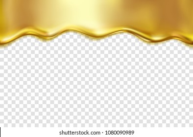 Gold foil drip isolated on transparent background. Golden water, bronze metal melt texture. Vector gold liquid smooth border template for your advertising design.