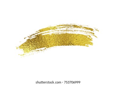 Gold foil dry brush stroke. Golden sparkle glossy scribble, grunge or smudge paint texture isolated on white background. Vector shiny metallic gradient brushstroke pattern for your design.