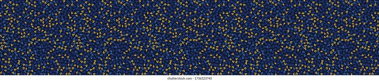 Goldener Folieneffekt Konfetti Textur nahtlose Rand Hintergrund. Kleine, fallende metallische goldene Sprinklen mit Fleckensprinklen. Elegantes ditsy Dot Banner Muster. Feierliche Winterfeier