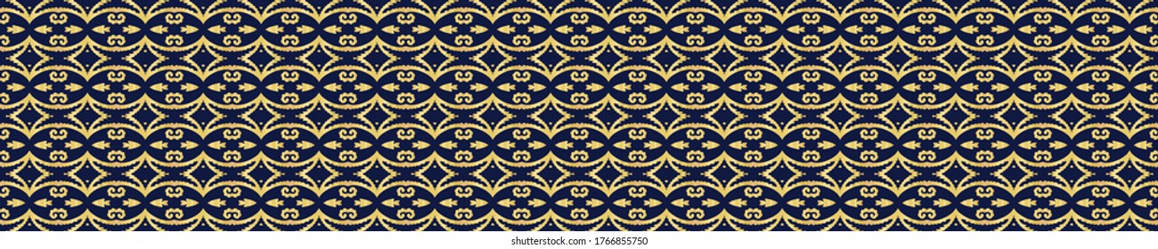 Gold foil effect floral medallion texture border. Seamless shine banner pattern background. Metallic golden ornate decorative ogee motif ribbon trim . Elegant floral shine festive winter party bling.