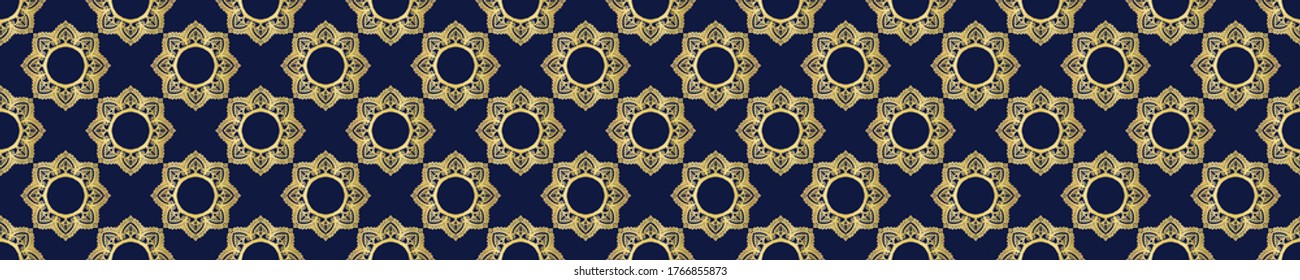 Gold foil effect floral medallion texture border. Seamless shine banner pattern background. Metallic golden ornate decorative ogee motif ribbon trim . Elegant floral shine festive winter party bling.