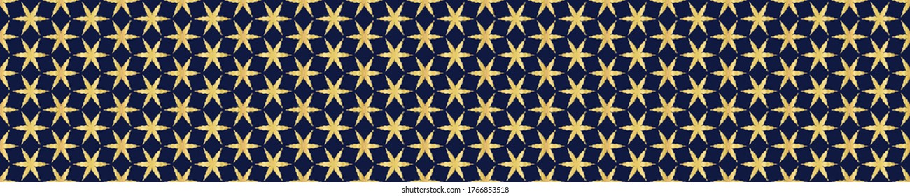 Gold foil effect star medallion texture border. Seamless shine banner pattern background. Metallic golden ornate decorative ogee motif ribbon trim . Elegant shine festive winter party bling.
