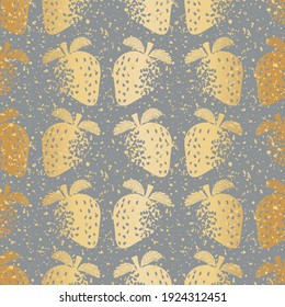 Gold foil effect strawberry seamless vector pattern background. Stencilled berries on warm yellow grey backdrop with terrazzo glitter grunge texture.Organic garden fruit repeat for summer celebration