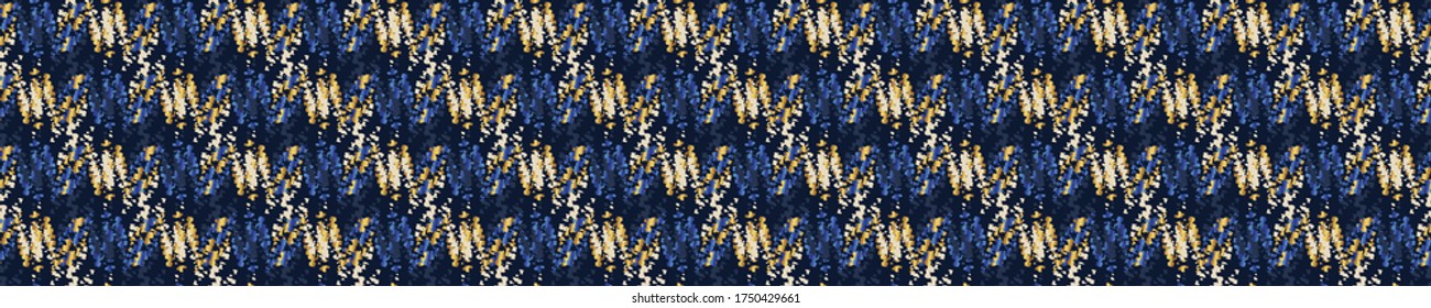Gold foil effect woven texture seamless border background. Metallic golden weave trellis. Elegant ditsy luxe lace pattern banner. Festive winter party bling edge bordure. Shimmer sparkle ribbon trim
