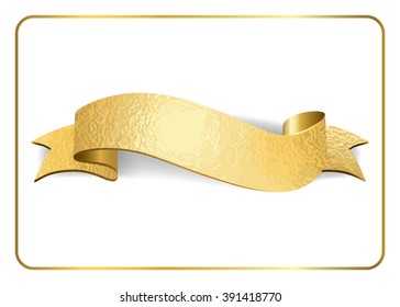 Gold foil empty ribbon. Golden blank banner. Design decoration element, isolated on white background. Vintage retro style. Template flag, greeting, card. Symbol guarantee product. Vector illustration.