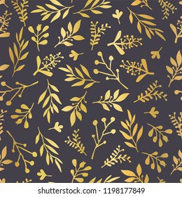 Gold foil florals on black seamless vector background. Golden abstract wildflower grass shapes background. Elegant holiday pattern for scrap booking, banner, packaging, wedding, party, invite, blog