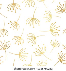 Gold foil florals seamless vector background. Golden abstract wildflower grass shapes on white background. Elegant, luxurious pattern for scrap booking, banner, packaging, wedding, party, invite, blog