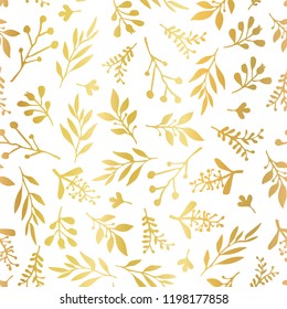 Gold foil florals seamless vector background. Golden abstract wildflower grass shapes on white background. Elegant holiday pattern for scrap booking, banner, packaging, wedding, party, invite, blog