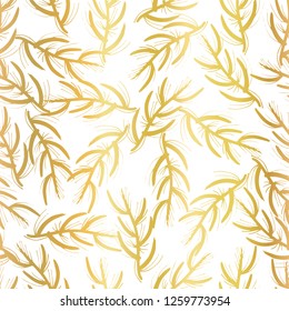 Gold foil florals seamless vector background. Golden abstract wildflower grass shapes on white background. Elegant, luxurious pattern - scrap booking, banner, packaging, wedding, party, invite, blog