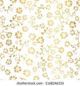 Gold foil flower vector seamless pattern background. Elegant golden florals on white backdrop. Elegant design for digital web paper, gift wrap, party, birthday card, wedding, celebration, invitations