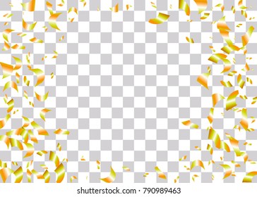 Gold foil frame holiday confetti. Shimmer celebration transparent background. Luxury shine vector party illustration. Birthday carnival glitter. Shiny design banner glowing invitation card.