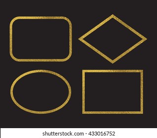 Molduras de folha de ouro. Design dourado simples. Bordas decorativas isoladas em fundo preto. Oval, rombo, quadros retangulares arredondados. Ilustração vetorial.