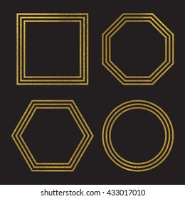 Gold foil frames. Simple golden design. Decorative borders isolated on black background. Hexagon, circle, square and octagon frames. Vector illustration.