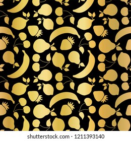 Gold foil fruits seamless vector pattern. Golden shiny strawberry, pear, cherry, lemon, banana on black background. Elegant, luxurious food print for paper, packaging, web banner, home decor, menu