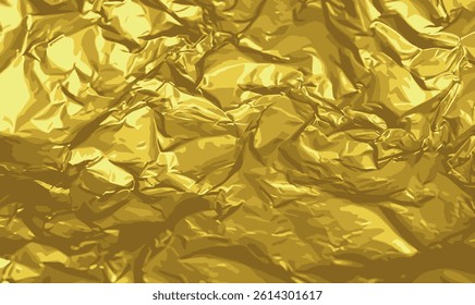 Gold foil full frame background texture. Wrinkled gold foil pattern. Abstract gold gradient background. Minimalistic subtle wavy golden silk texture. 3D vector illustration.