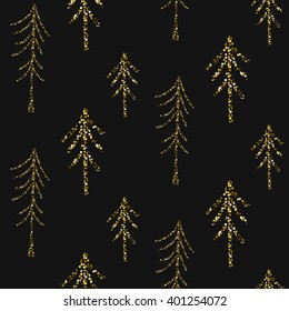 Gold foil glitter pine woods dark seamless pattern. Vector shimmer abstract forest grey texture. Sparkle shiny trees background.