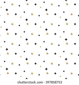 Gold foil glitter polkadot and black stars seamless pattern. Vector shimmer abstract circles texture. Sparkle shiny geometric background.