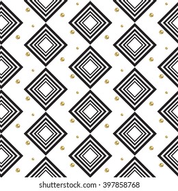 Gold foil glitter polkadot and black rhombs seamless pattern. Vector shimmer abstract circles texture. Sparkle shiny geometric background.