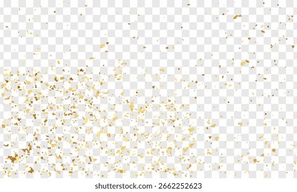 Gold Foil Glitter Texture Overlay Transparent PNG Background for Luxury Designs. Festive background gold glitter and confetti for celebration with glittering dust element. Wedding, vip cover template.
