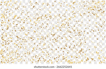 Gold Foil Glitter Textur Overlay transparenter PNG-Hintergrund für Luxus-Designs. Festlicher Hintergrund goldener Glitter und Konfetti zum Feiern mit glitzerndem Staubelement. Hochzeit, VIP-Titelvorlage.