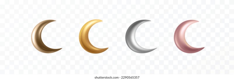 Lámina de oro, rosa dorada, plata, media luna de bronce aislada sobre fondo transparente. Decoración de elementos lacados amarillos, rosas y grises. Vector 3d crescents de metal brillante para la tarjeta de bienvenida Ramadan Kareem