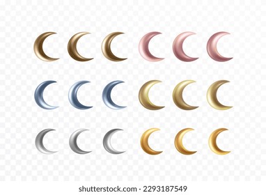 Gold foil, golden rose, silver, bronze half moon set isolated on transparent background. Yellow, pink, gray glossy elements decor. Vector 3d shiny metal crescents for Ramadan Kareem greeting card