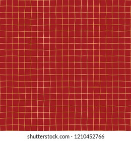 Gold foil grid on red seamless vector pattern background. Elegant Holiday background. Golden shiny hand drawn square shapes. For digital papers, New Year, wedding, party invitation, Christmas