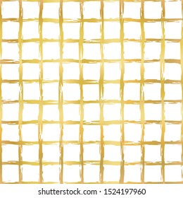 Gold foil grid seamless vector pattern background. Hand drawn irregular lines on white. Golden shiny hand drawn raster square shapes. Elegant background for digital. Paper, New Year, wedding, party