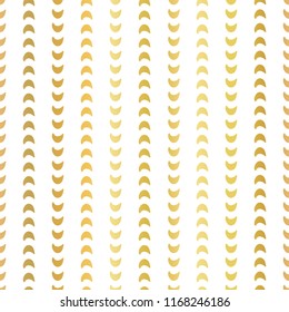 Gold foil half moon shapes seamless vector pattern. Golden crescents in vertical lines on white background. Elegant design for digital paper, web banner, wedding, party invite, birthday celebration
