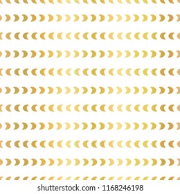 Gold foil half moon shapes seamless vector pattern. Golden crescents in horizontal lines on white background. Elegant design for digital paper, web banner, wedding, party invite, birthday celebration