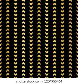 Gold foil half moon shapes seamless vector pattern. Golden crescents in vertical lines on black background. Elegant design for New year, web banners, wedding, party invitation, birthday celebration