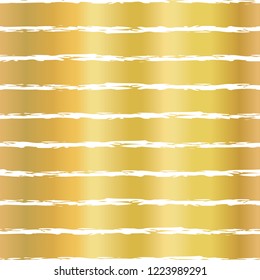 Gold foil hand drawn brush stroke horizontal lines seamless vector pattern. White wavy irregular stripes on golden background. Elegant design for banners, wedding, party, birthday, Christmas, New Year