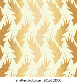 Gold foil hand drawn flame shape leaf seamless pattern. Golden white blended vector foliage background. Shiny shimmering geometric backdrop.Wavy leaves vertical design for wellbeing. Botanical repeat.