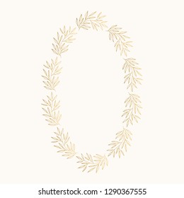 Gold foil hand drawn oval wreath with ink texture. Wedding flourish design. Vector isolated illustration. Summer style.