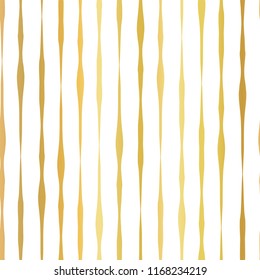 Gold foil hand drawn vertical lines seamless vector pattern. White wavy irregular stripes on golden background. Elegant design for digital paper, banner, wedding, party, birthday, invite, gift wrap