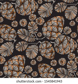 Gold foil hand drown pine cones seamless pattern for background, fabric, textile, wrap, surface, web and print design. Luхury Christmas winter rapport on black. 

