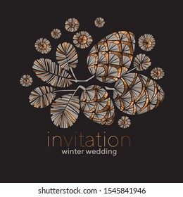 Gold foil hand drown pine cones elegant composition for card, header, invitation, poster, social media, post publication.
