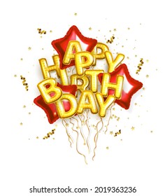Gold foil Happy Birthday balloons and red star balloons with glitter on white background. Vector illustration, 3d