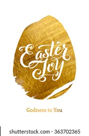 Gold Foil Happy Easter Greeting Egg Card. White Background. Joyful wishes, holiday greetings