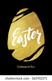 Gold Foil Happy Easter Greeting Egg Card. Black Background. Joyful wishes, holiday greetings